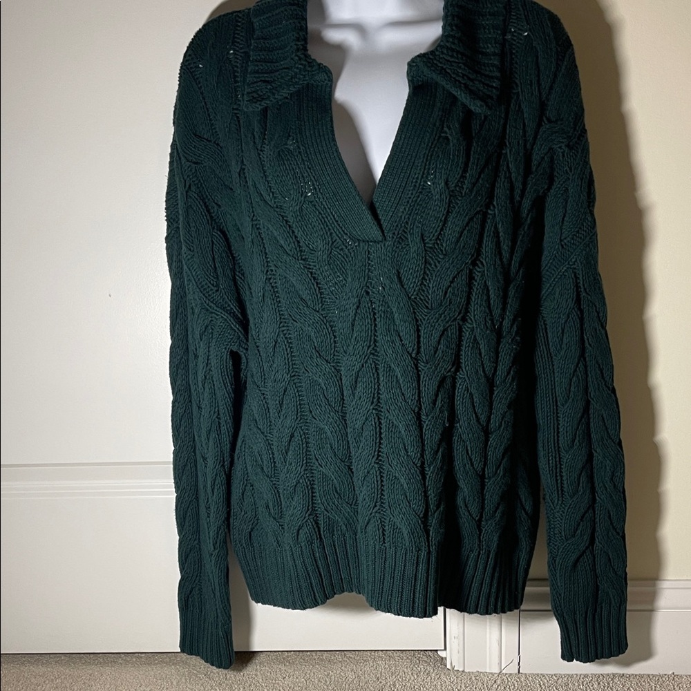 LOFT V-Neck Cable Knit Sweater - Deep Green